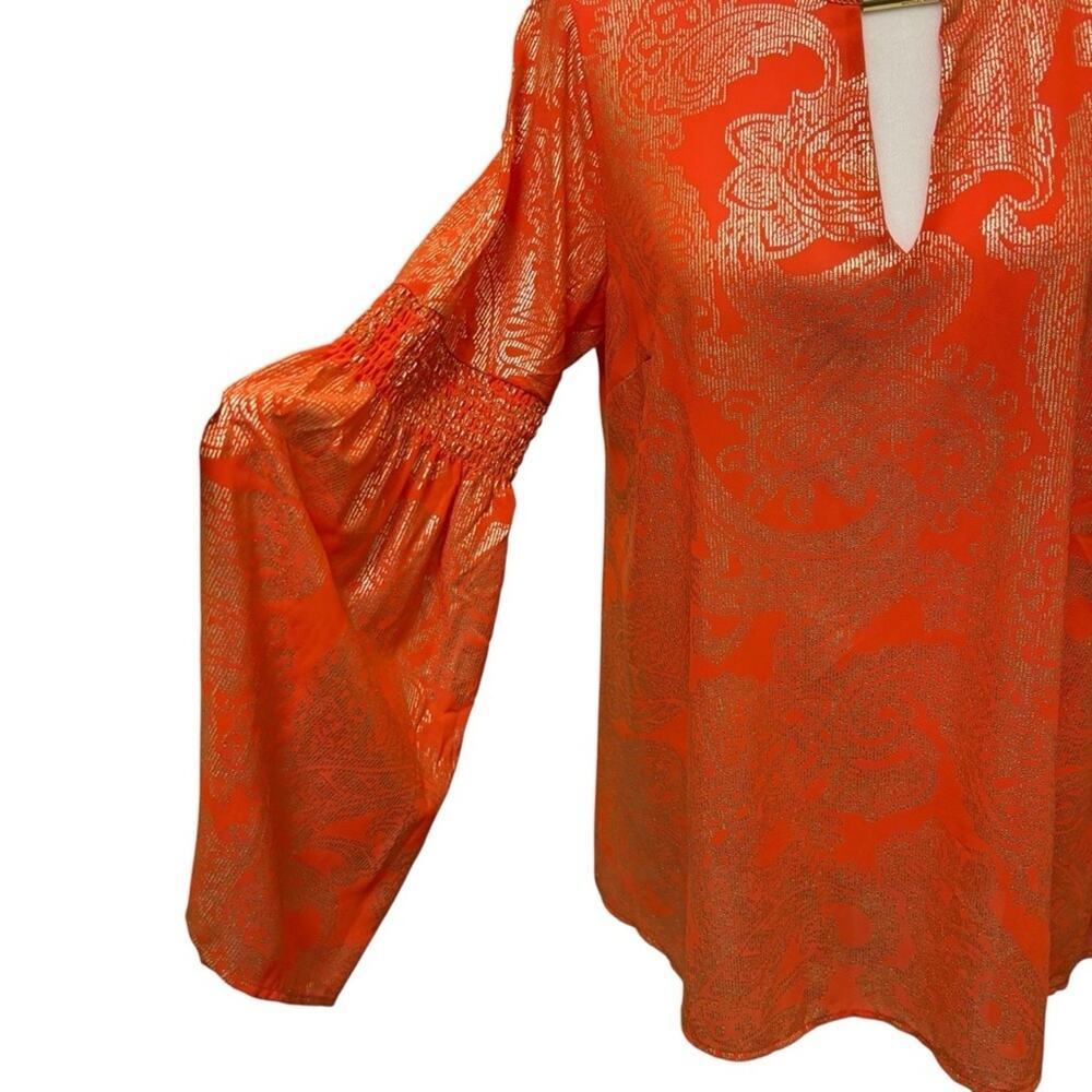 Michael Kors top small orange gold foil paisley bell sleeves festival top flare - Picture 5 of 12